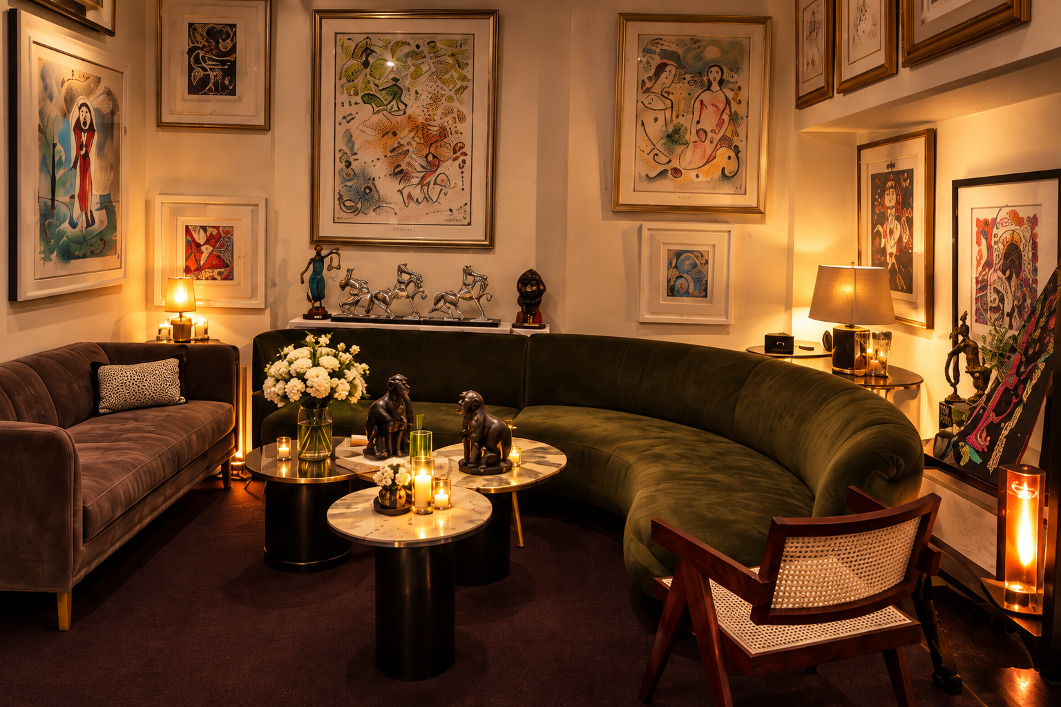Private salon lounge with works on paper