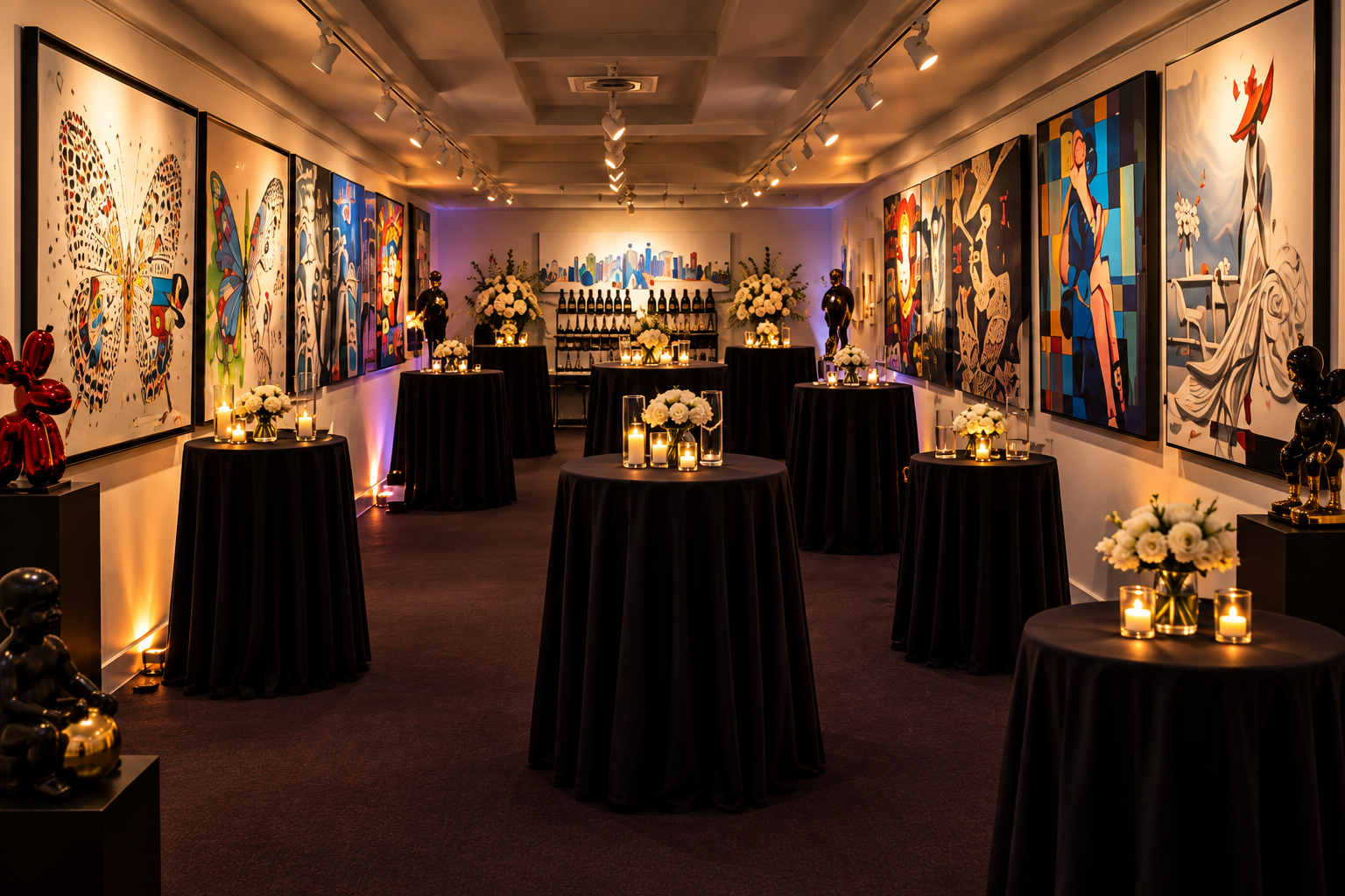 Candle-lit gallery hall hung with contemporary works