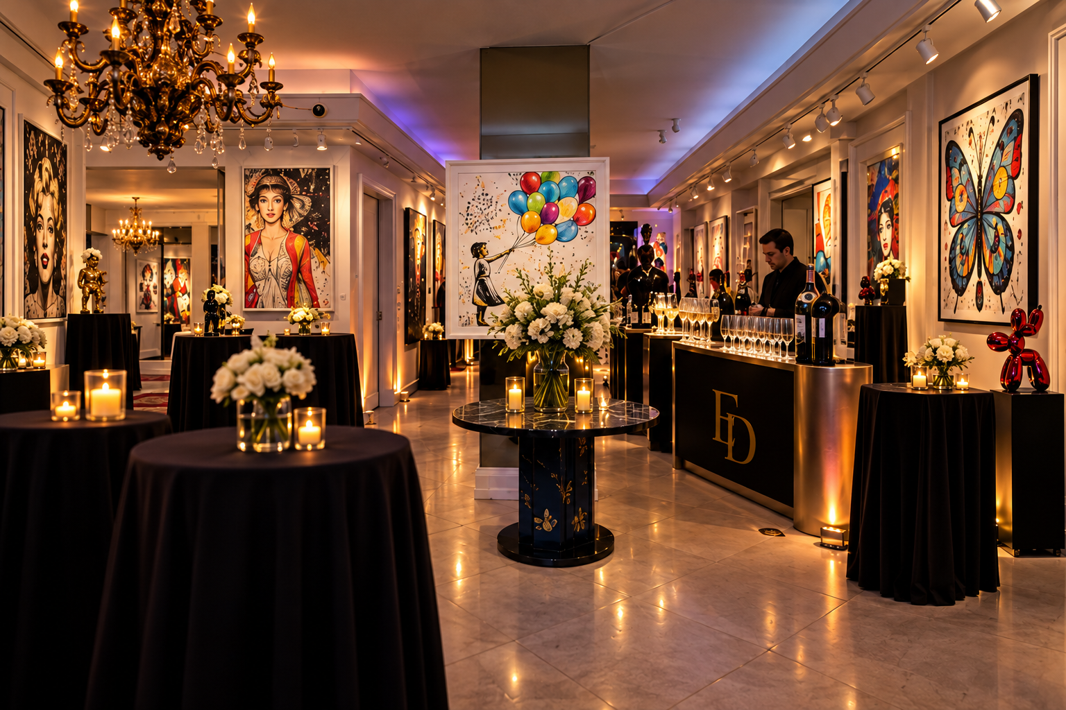 Candle-lit reception with chandeliers and contemporary art at Gallery El Dorado, Central Park South